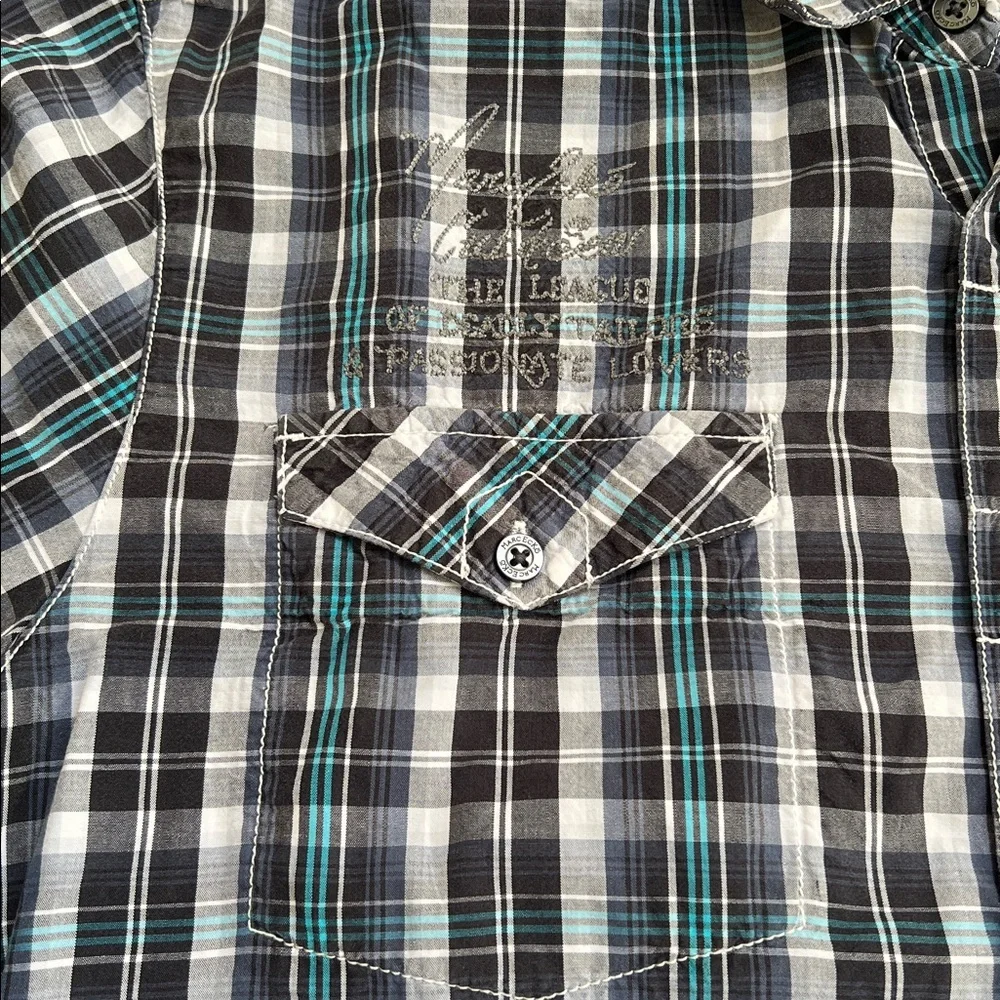 MARC ECKO Vintage 90s Streetwear L/S Button Down Shirt Blue/White Plaid Men's L